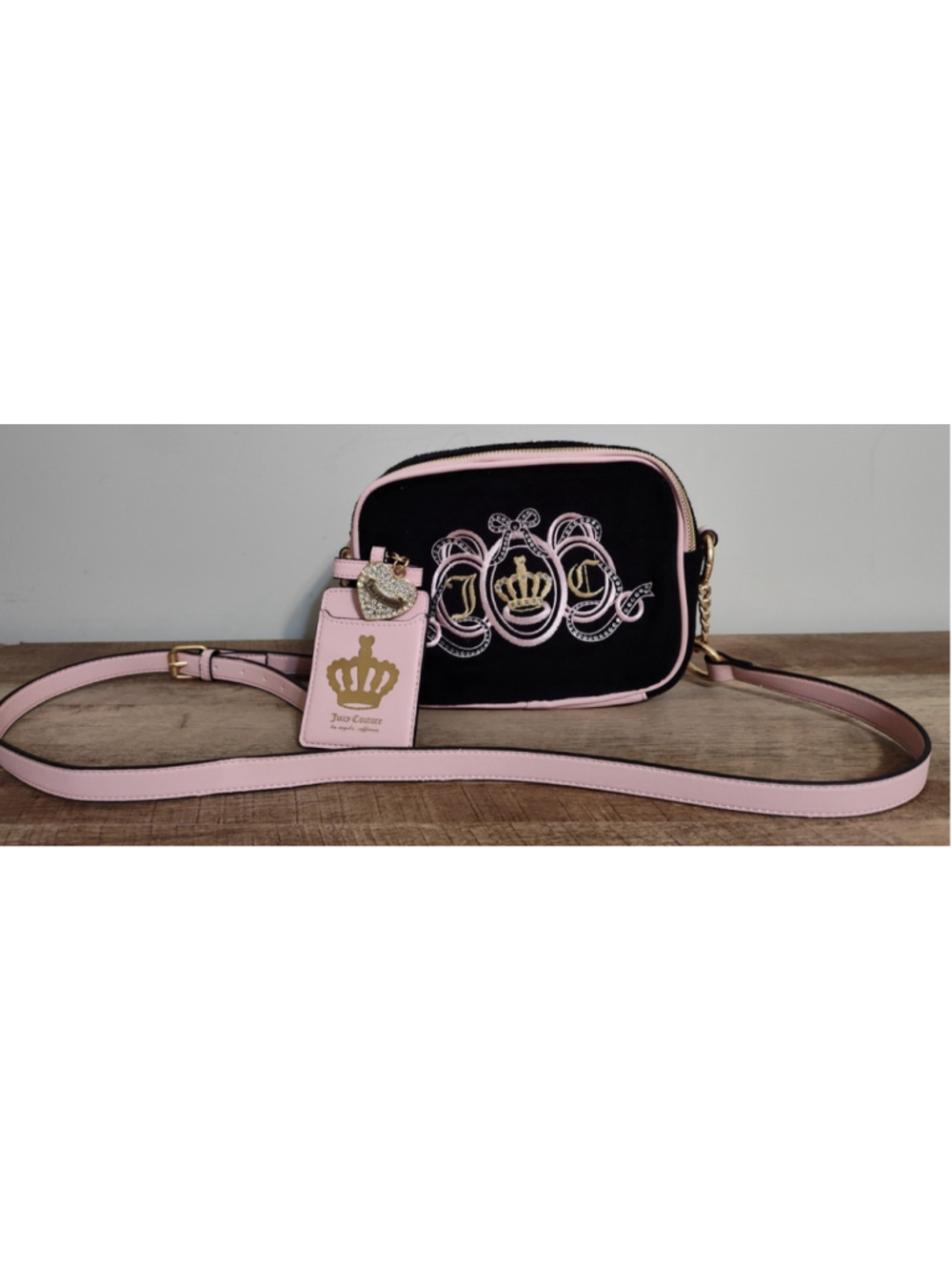 Juicy Couture Velour Pink and Black Handbag with ID Card Case and Charms